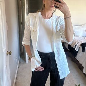 White Textured Cotton Button Down